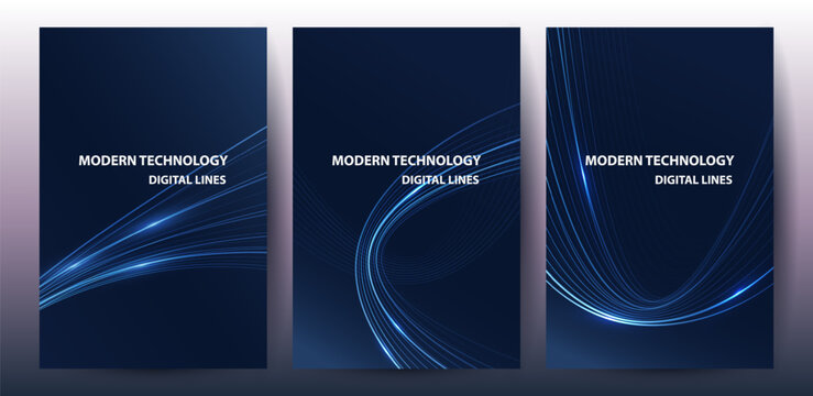 Abstract Blue Digital Light Lines Poster Set Vector Background