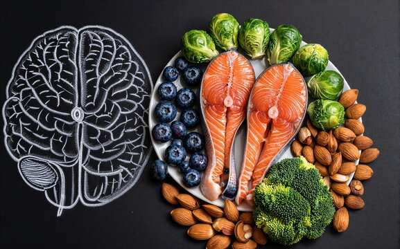 Healthy brain foods like salmon berries nuts and greens for cognitive