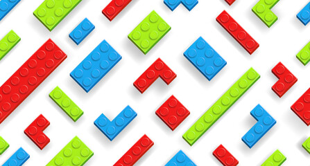 Naklejka premium Seamless background made with realistic multicolor Lego plastik constructor blocks on white background with shadows. Vector editorial illustration