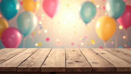 Fototapeta premium Empty rustic wooden table for party. Colorful balloons float in blurred background. Use this scene for birthday cake product display or celebration event promotion.
