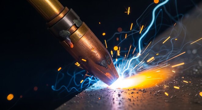 Industrial metal welding process with bright sparks and blue electric arc