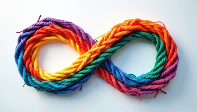 Infinity symbol shape made of rainbow colored ropes. Symbolizes autism awareness and neurodiversity. Represents connection, continuity and unlimited potential.