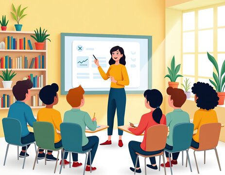 Teacher lectures diverse students in modern classroom. People learn from smartboard with graphs. Bookshelves and plants create bright learning atmosphere. Children pay attention to lesson.