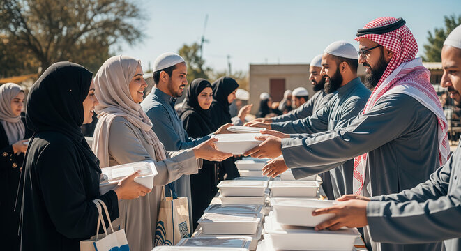 Muslim community sharing qurban meat with people in need during Eid al-Adha charity activity.