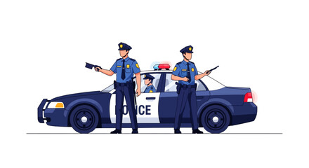 Illustration of three police officers in uniform, one sitting in a dark blue and white patrol car with a red and blue light bar, holding firearms against a clean white background in a flat © Jangkrik