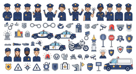 A flat lay illustration presents a diverse group of cartoon police officers along with police cars, motorcycles, and security equipment set against a clean white background, rendered © Jangkrik