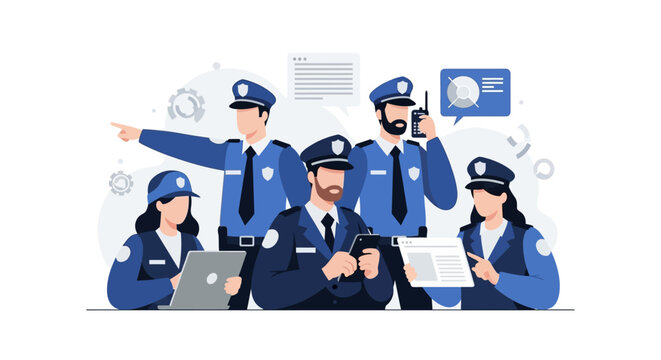 Flat vector illustration depicting a diverse team of police officers in uniform, some using devices like laptops and radios, set against a clean white background with soft, diffused