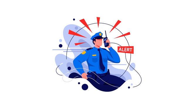 Illustration of a policeman in a blue uniform using a walkie-talkie against a clean white background with graphic red alert signals emanating, conveying a sense of urgency and immediate