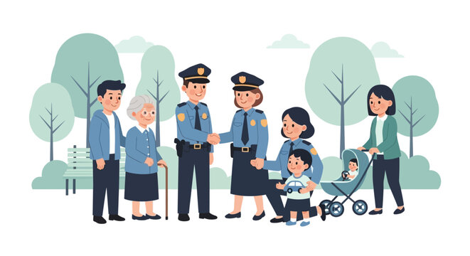Vector illustration showing two police officers shaking hands in a park with a diverse group of people including children, elderly, and parents, set against a backdrop of stylized trees