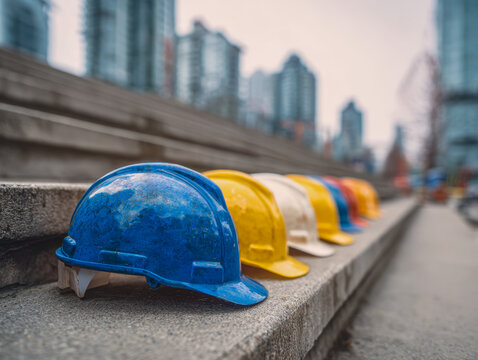 A row of colorful construction helmets placed on concrete steps with an urban skyline blurred in the background during daytime worksite break