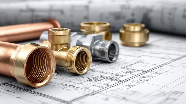 Various plumbing fittings and copper pipes placed on detailed technical blueprints for building construction and water system planning projects