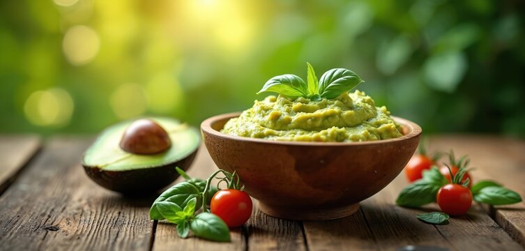 Creamy avocado dip in rustic bowl with cherry tomatoes and basil leaves. Half avocado and green blurred background. Healthy fresh food preparation.