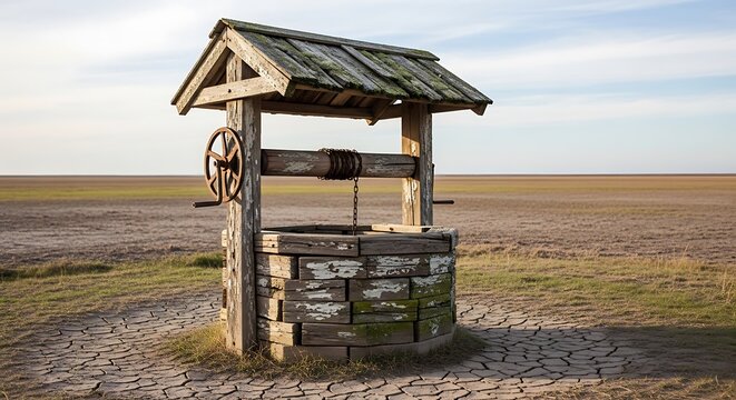 Old weathered wooden well in a parched dry desert landscape