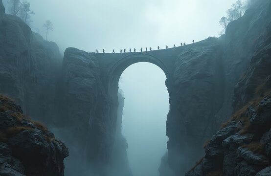 Group of hikers cross stone bridge over deep canyon. People walk high cliff path, misty atmosphere. Adventure travel, scenic mountain route.
