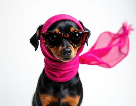 Dog wears pink scarf and sunglasses. Small pet posing like fashion diva in studio. Animal looks stylish and cool with elegant accessories. Funny canine glamour portrait.
