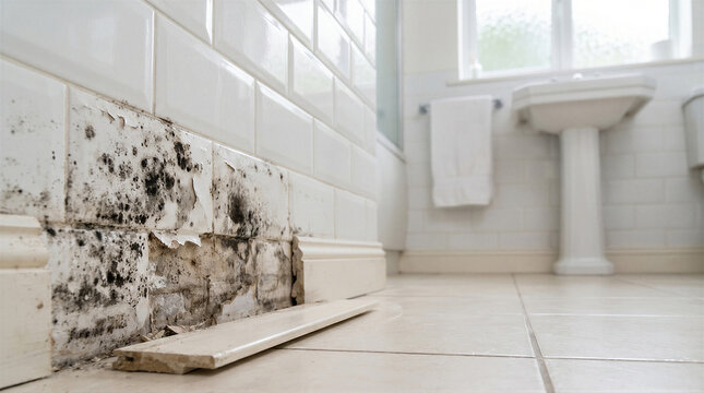 Severe black mold growth on bathroom wall tiles and damaged skirting board due to dampness and water damage in a residential home