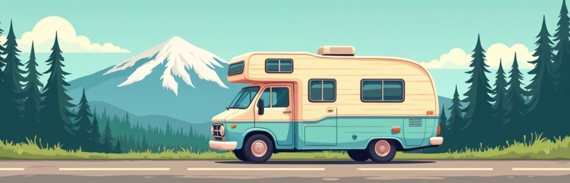 Old camper van drives on road near mountains and forest. Cartoon vehicle on nature trip adventure. Pastel illustration for travel and vacation themes.