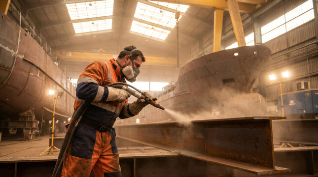 Industrial worker performing sandblasting on a steel beam in a shipyard, wearing protective gear and a respirator mask