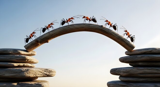 ants on stone bridge, teamwork concept, insect arch, natural scenery, wildlife photography