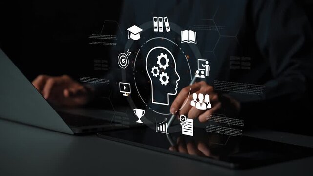 Modern Digital Technology and Learning Concept with Person Interacting with Futuristic Visuals of Human Brain and Icons Representing Knowledge Management Gluon.