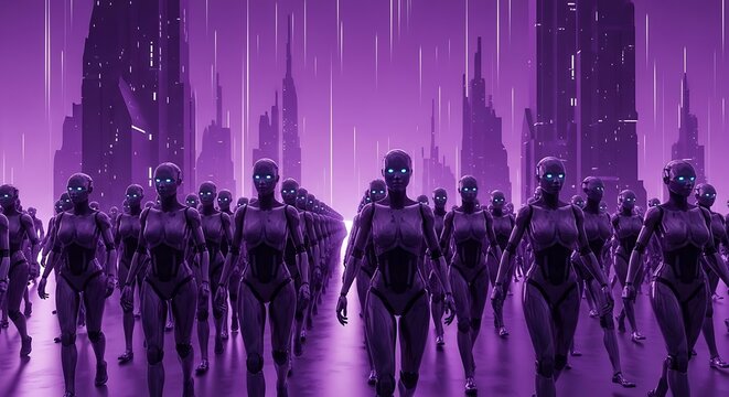 Futuristic Robots Marching in Cityscape at Night.