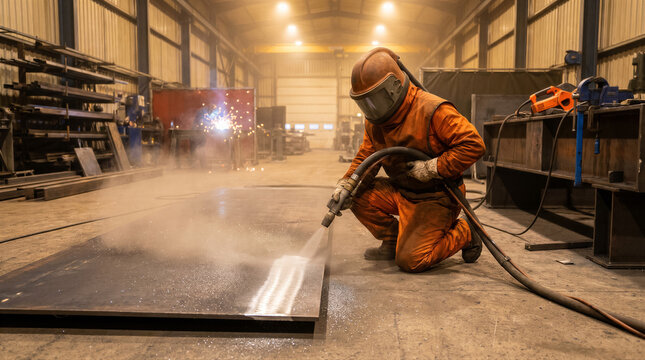 Industrial worker in protective gear performing sandblasting on a large metal plate in a workshop with welding in the background