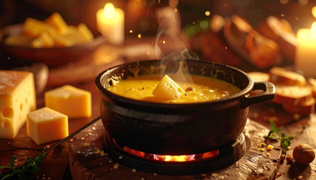 Cozy Cheese Fondue Feast with Rustic Ambiance.