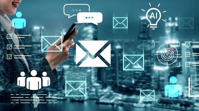 Modern Business Communication Concepts with Digital Elements and Professional Woman Using Smartphone in Urban Landscape at Night Gluon.