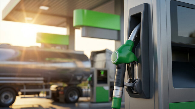 Closeup of a green fuel pump nozzle at a gas station with a fuel tanker truck in the background during a sunny day