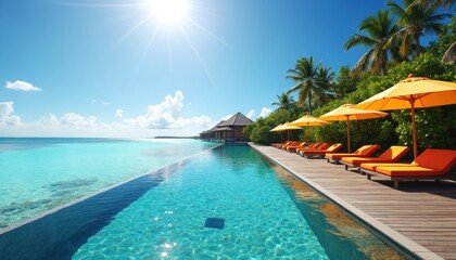 Fototapeta premium Luxury infinity pool at tropical island resort overlooks turquoise ocean water. Orange sunbeds with umbrellas line wooden deck. Overwater bungalows sit in calm lagoon water.