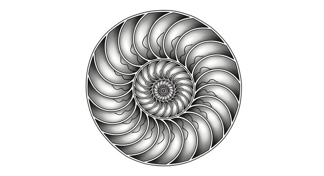 Intricate monochrome illustration of a nautilus shell's cross-section, showcasing the elegant spiral chambers and the golden ratio in nature
