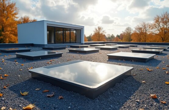 Modern building rooftop features multiple skylights set in gravel surface. Reflective glass panes mirror cloudy sky and autumn trees. Contemporary architecture and design elements are visible.