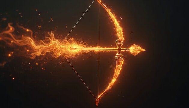 Golden bow fires flaming arrow. Fiery projectile flies forward in dark. Intense heat, speed and power. Ancient weapon glows. Digital art fantasy scene.