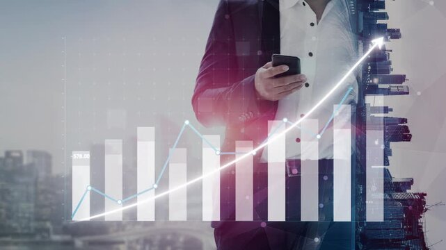 A businessman interacts with his smartphone while observing a growth graph overlaying a cityscape, symbolizing success and financial analysis in business. Copula