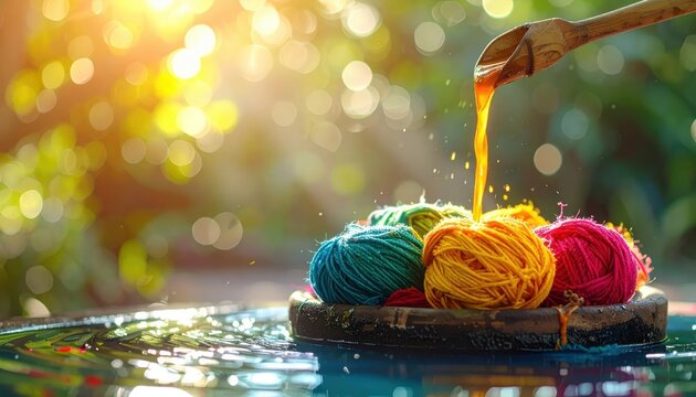 Colorful Yarn Balls Being Dyed in Natural Light.
