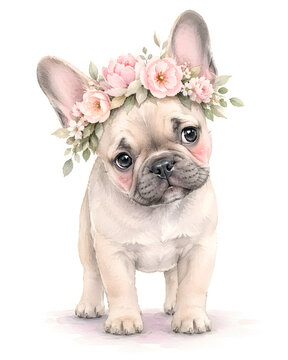 French Bulldog Puppy Wearing a Pink Flower Crown on White Background &ndash; Soft Watercolor Illustration
