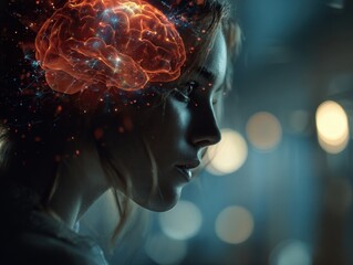 Obraz premium Profile of a young woman with glowing neural connections superimposed over her brain, symbolizing intelligence, creativity, and advanced cognitive processes in a dig
