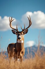 Fototapeta premium Majestic buck with large antlers stands in tall dry grass field. Mountains and blue sky with clouds form background landscape. Wild animal in natural habitat during fall season.