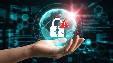 Naklejka premium Cybersecurity, Data breach, Hacking, Global network, Information security, Digital threat, Cyber attack alert concept with a hand holding a glowing globe and broken padlock icon.