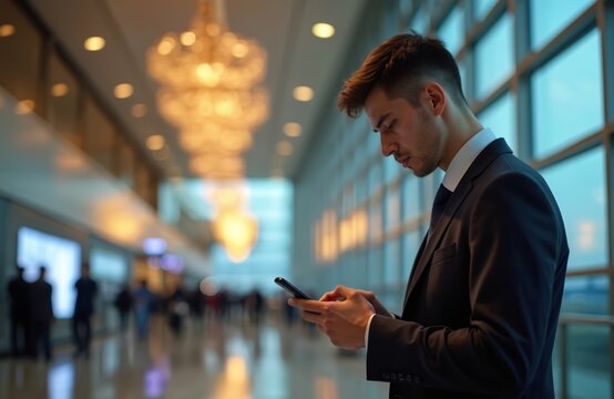 Young businessman in suit uses smart phone in modern airport terminal. Man checks messages, waits for flight, travels for corporate meeting. Connectivity concept.