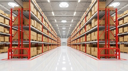 Fototapeta premium Warehouse, Storage, Logistics, Distribution Center, Industrial, Inventory, Supply Chain management in a modern fulfillment facility with clean red shelving and reflective floors.