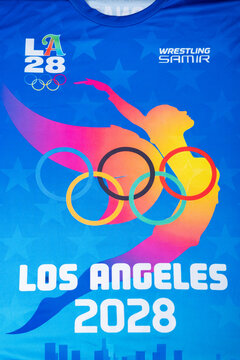 ZHONGSHAN China-April 12 2026: T shirt of Los Angeles Olympic Games 2028 at vertical composition.