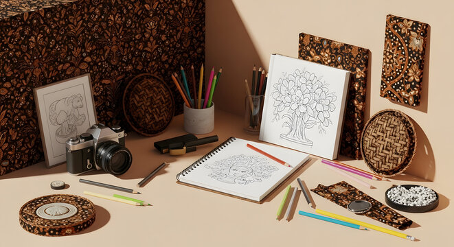 Creative Workspace with Batik Pattern, Woven Baskets, Camera and Colored Pencils