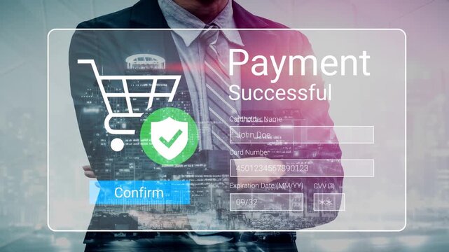 Professional man with a suit displaying successful online payment confirmation on digital screen with shopping cart and security badge in urban background Gluon.