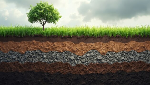 Cutaway view of soil layers beneath green grass and solitary tree. Shows strata of brown earth gravel and dark soil. Natural landscape under cloudy sky.