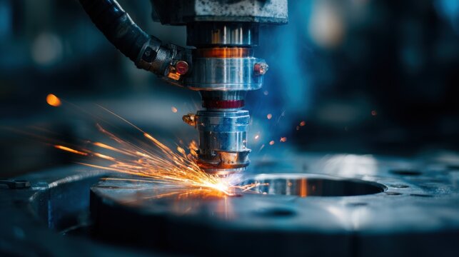 Precision Laser Cutting Process Creating Sparks in Industrial Machine Workshop Environment