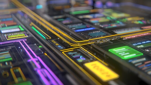 Macro View of Digital User Interface Screen Overlay with Glowing Circuits and Neon Electronic Components for Cyber Security and Hardware Tech