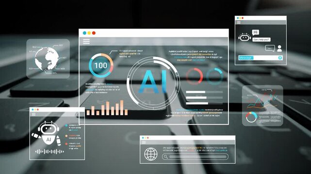 Innovative Artificial Intelligence Interface Displaying Data Analytics and Interactive Features on a Modern Laptop Keyboard Gluon.