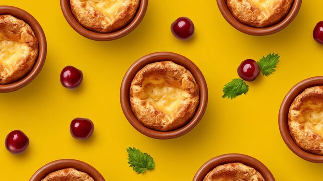 National Cherry Popover Day banner concept, popovers and cherries on bright background, copy space for text, marketing ready stock photo