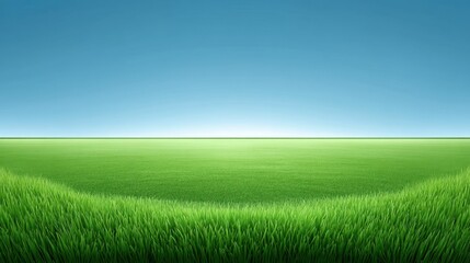 Obraz premium Vast Open Green Field Under Clear Blue Sky with Light Horizon, Natural Landscape for Tranquility and Serenity in Nature Photography